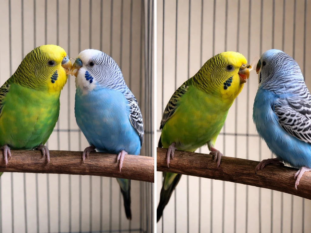 Split photo of two budgies: calm mutual feeding on left, agitated avoidance on right.