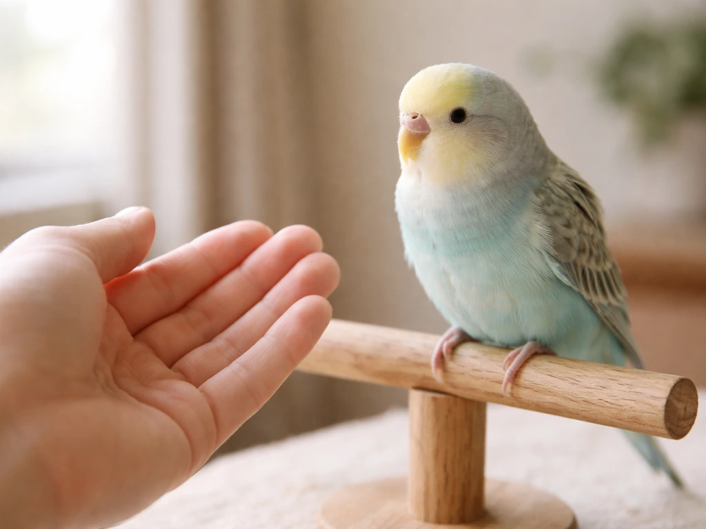 A small pet bird perched calmly near its owner’s hand, conveying gentle bonding in a cozy home setting.