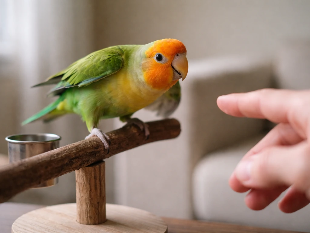 A small parrot leans forward and steps toward an approaching hand, showing calm clingy behavior.