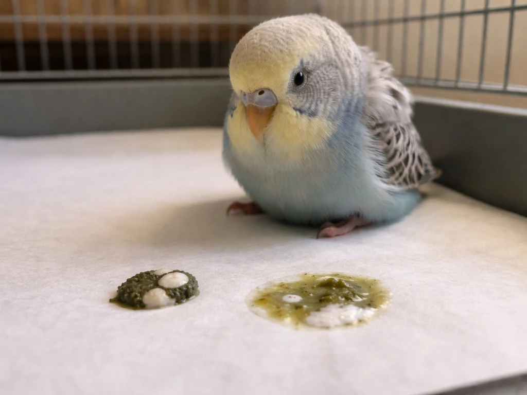 Small pet bird perched low with fluffed feathers beside safe white paper showing normal vs watery droppings.