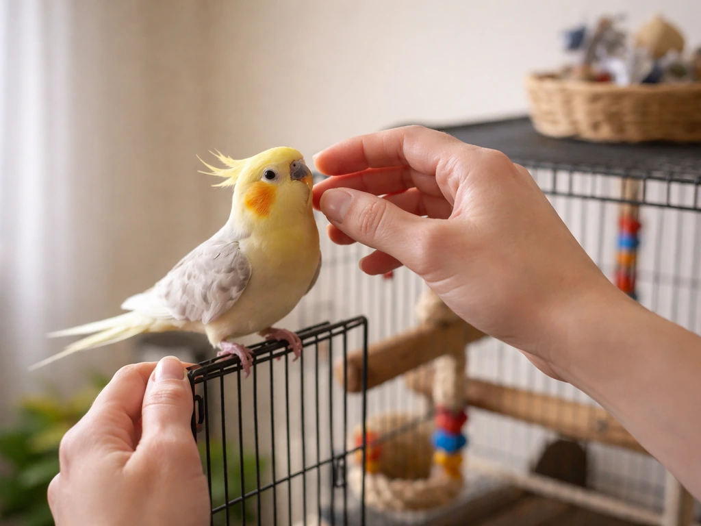 Anonymous hands lifting a small pet bird from its perch right after demanding behavior.