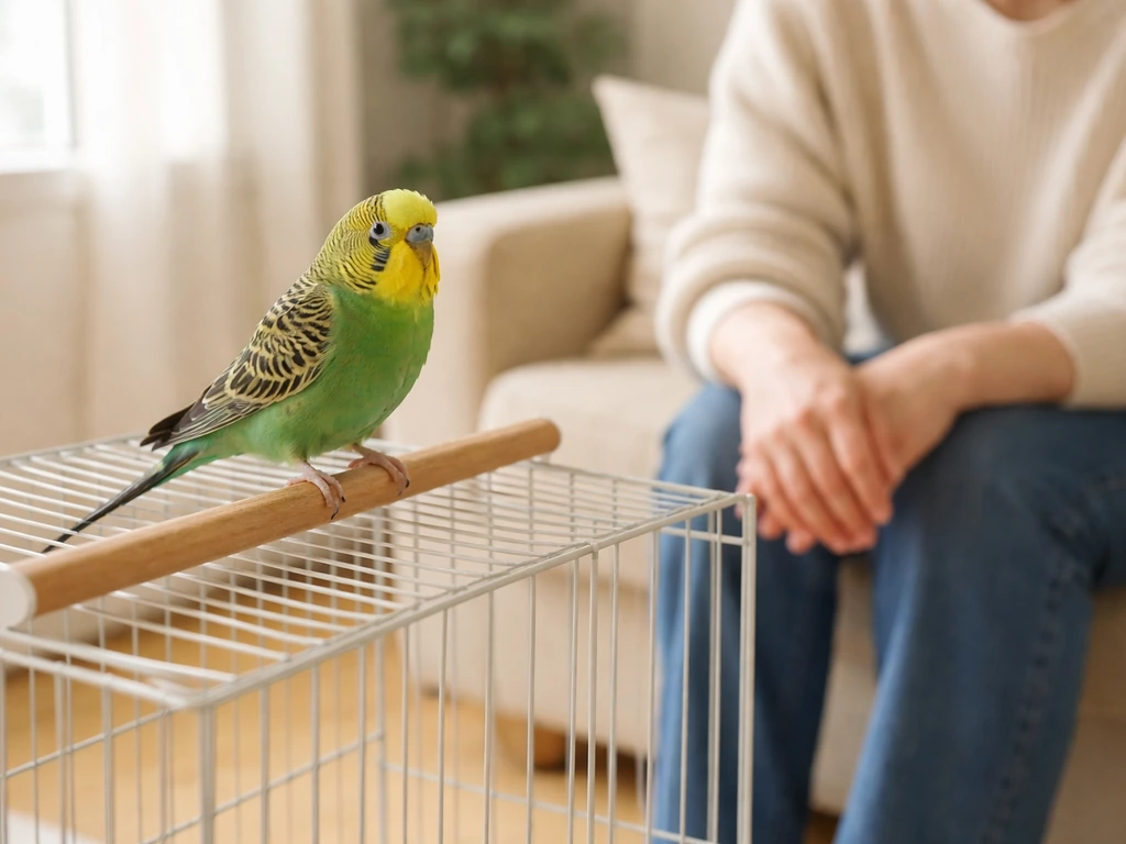 Person watching a pet bird perched calmly, checking posture and alert behavior from a short distance.