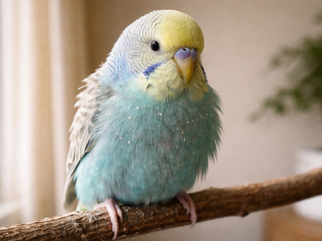 Close-up of a perched pet bird with mild feather dust and subtle flakes on its plumage.