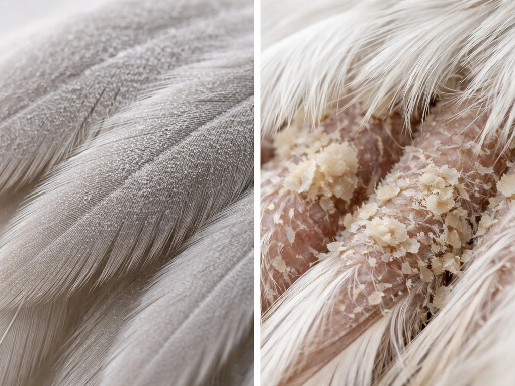 Side-by-side close-up textures: fine white feather dust vs larger irregular skin flaking/crusting