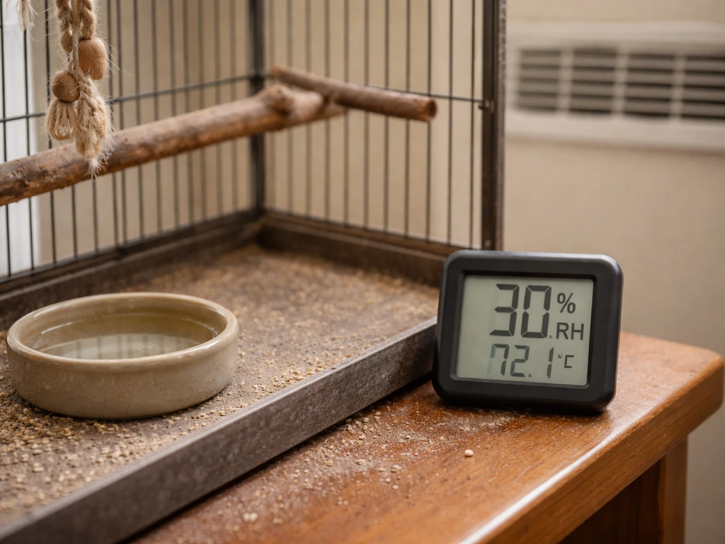 Close-up of a bird enclosure near an AC vent with a hygrometer showing low humidity, suggesting dry air.