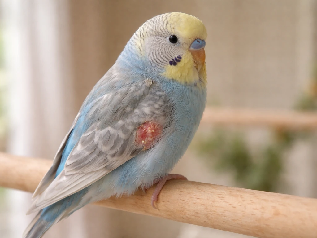 Small pet bird on a simple perch with mild, non-graphic redness and tiny crust-like scale on its skin