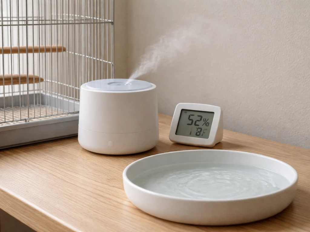 Home setup with a humidifier and hygrometer beside a small bird cage, plus a shallow dish of lukewarm water