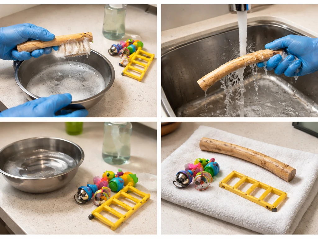 Gloved hands scrub a bird cage perch and toys, rinse with water, then let them air-dry.