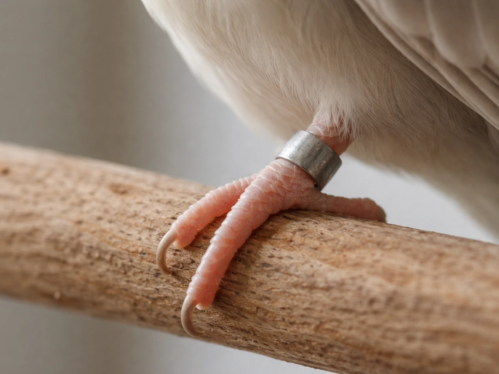 Close-up of a small pet bird’s leg showing a leg band around the leg on a wooden perch.