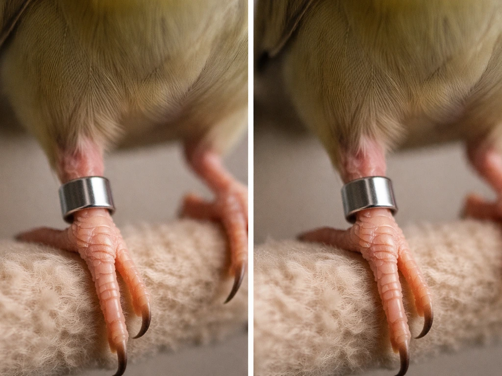 Close-up split view of a bird leg showing a seamless closed band versus an open band with a visible gap