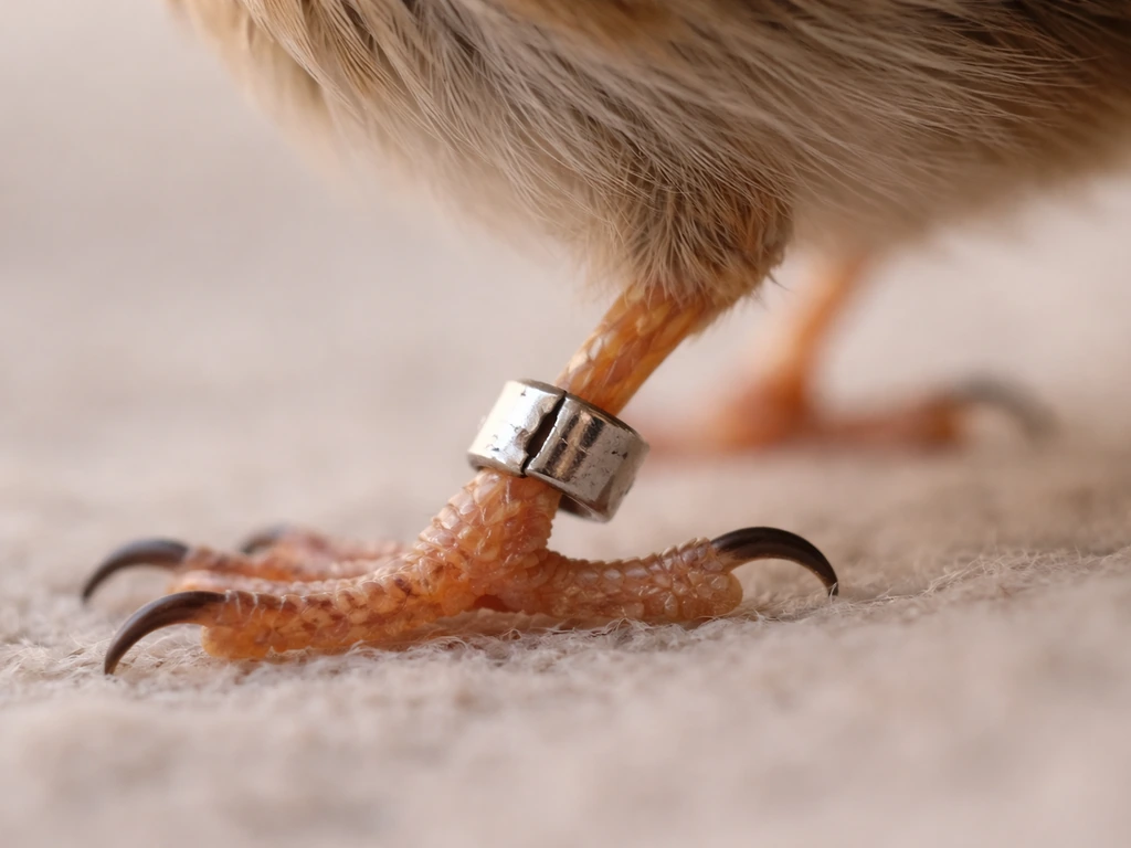 Close-up of a bird leg with an open split band showing a visible seam and crimped band shape.