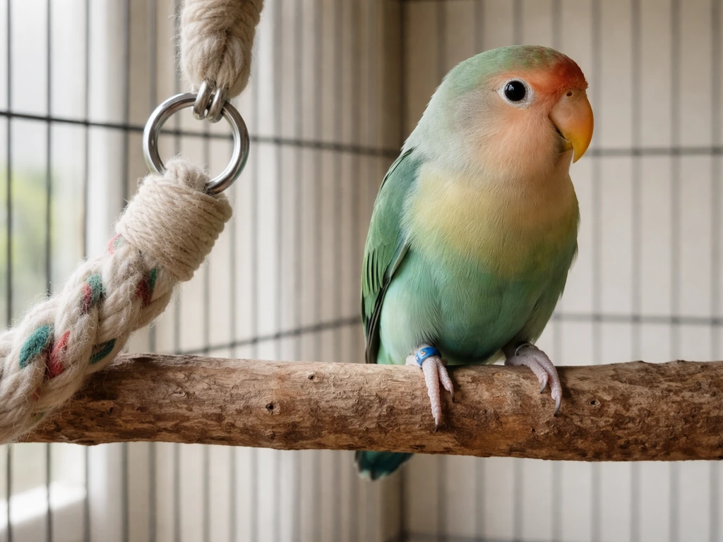 Close side view of a parrot on a perch showing a leg band with snag-free rope hardware nearby.