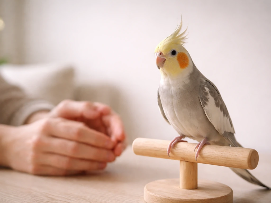 Calm pet bird perched near relaxed open hands, showing trust at a safe distance indoors.