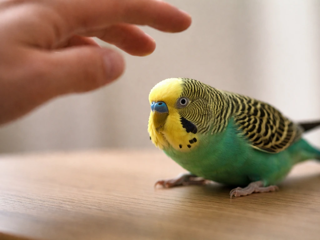 Tense crouched pet bird pulling away as a hand reaches over its head indoors.