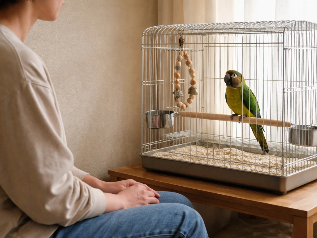 Anonymous owner sits calmly beside a parrot’s cage while the bird relaxes on its perch.