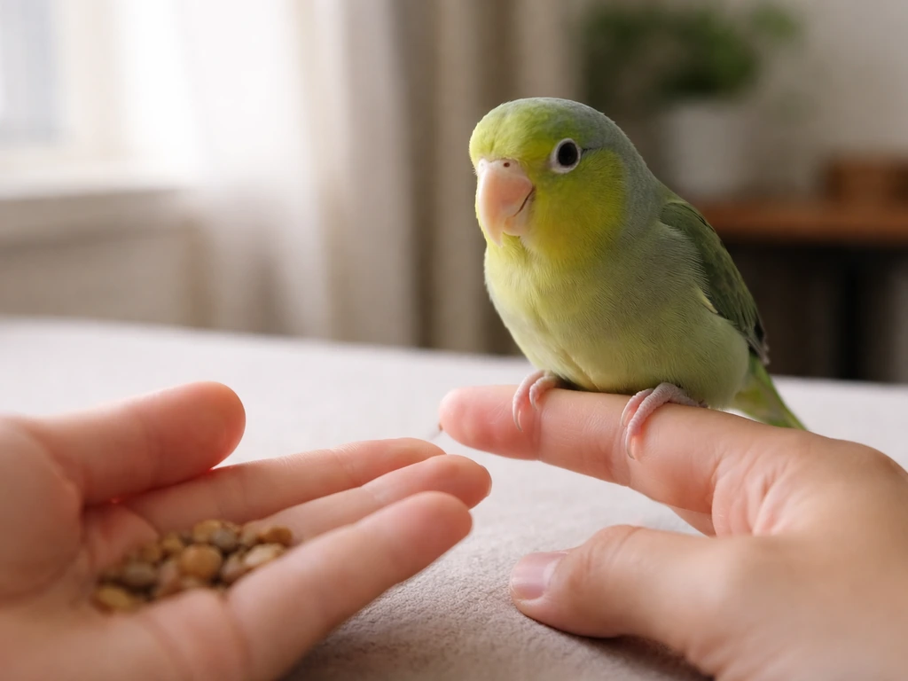 A small parrot steps onto an offered finger perch while treats wait nearby.