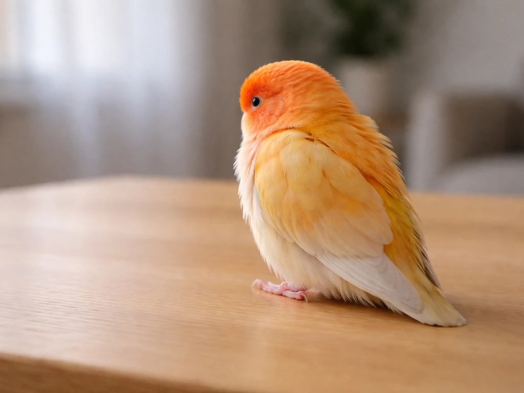 Small pet bird perched on a wooden table, turned away and looking ruffled and uncomfortable.