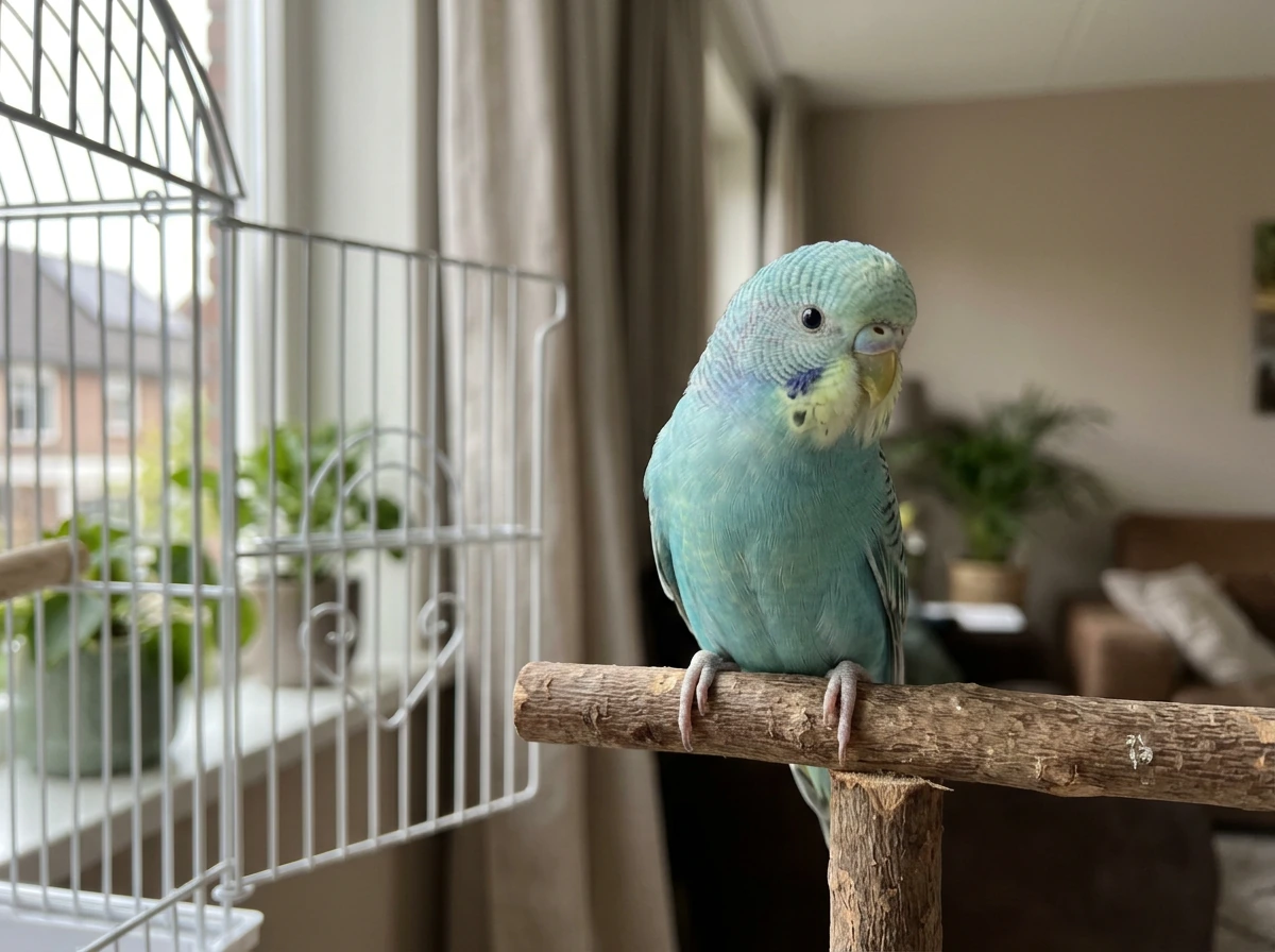 Pet bird perched on a stand under natural light, alert and still