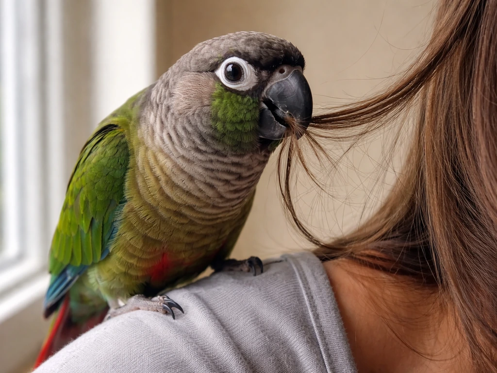 A pet parrot perched on a shoulder gently nibbling strands of hair