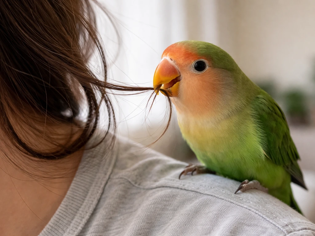Small pet parrot perched on a shoulder, chewing a loose strand of hair at beak level.