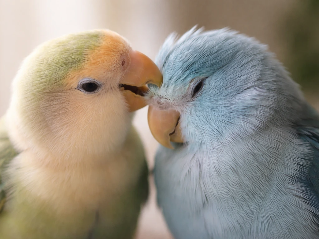 Close-up of two small birds gently nibbling individual feathers in a relaxed, playful moment