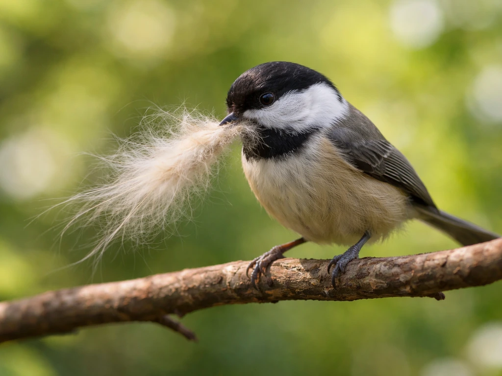 Small bird perched on a branch tugging loose fibers as nesting material in soft spring light.