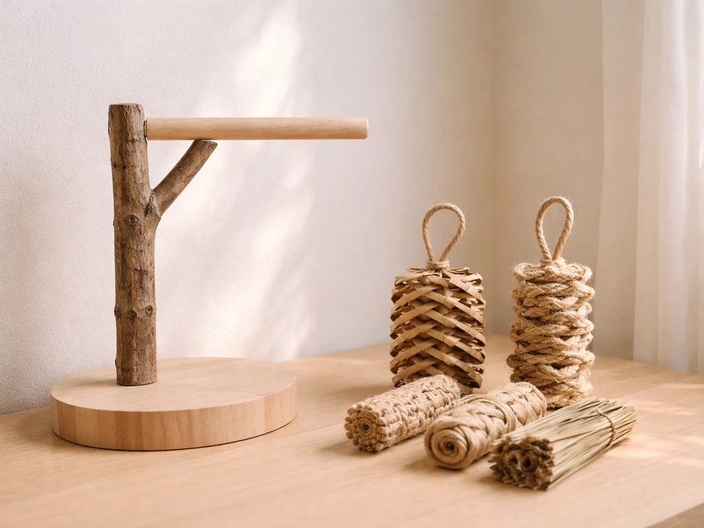 Natural-fiber chew toys and sisal rope enrichment placed near a bird perch in soft natural light.