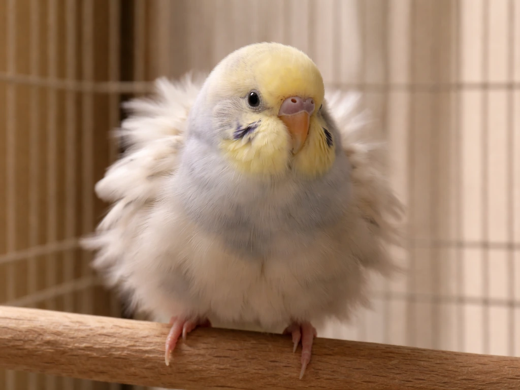 Close-up of a small pet bird fluffed up and lightly shaking in a cozy home setting.