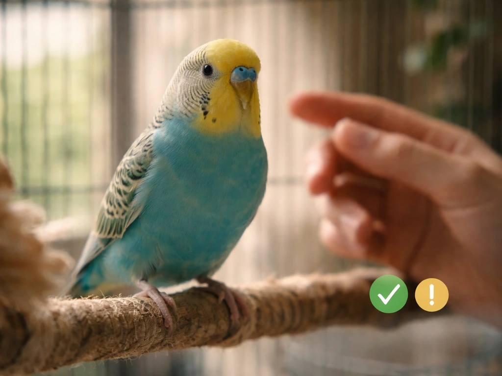 Caregiver watching a pet bird upright and alert in a calm indoor setting.