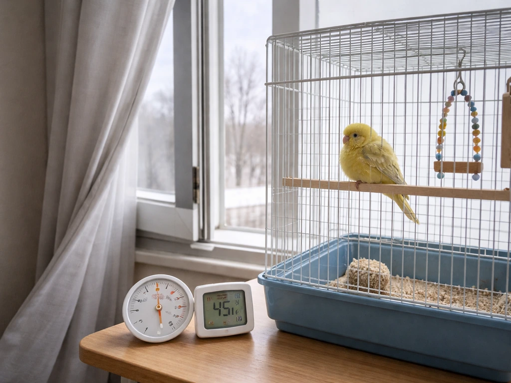 Bird cage near a window with a visible thermometer/hygrometer suggesting cold draft and temperature fluctuation.