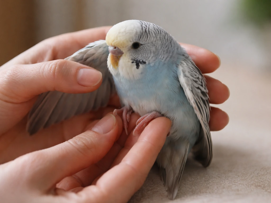 Caregiver gently checking a small bird’s legs and wing posture in a quiet, well-lit setting.