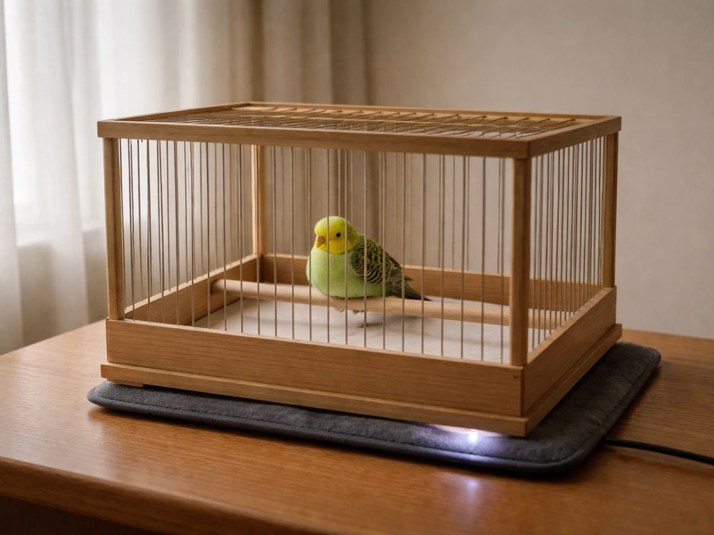 Small pet bird resting comfortably near a gently warmed cage area with the room kept draft-free