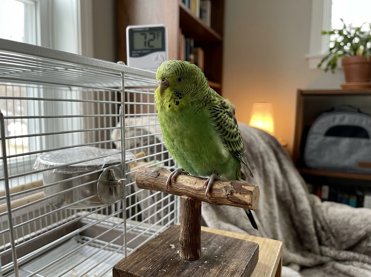 Pet bird perched with subtle feather movement, suggesting the vibration and need to identify causes
