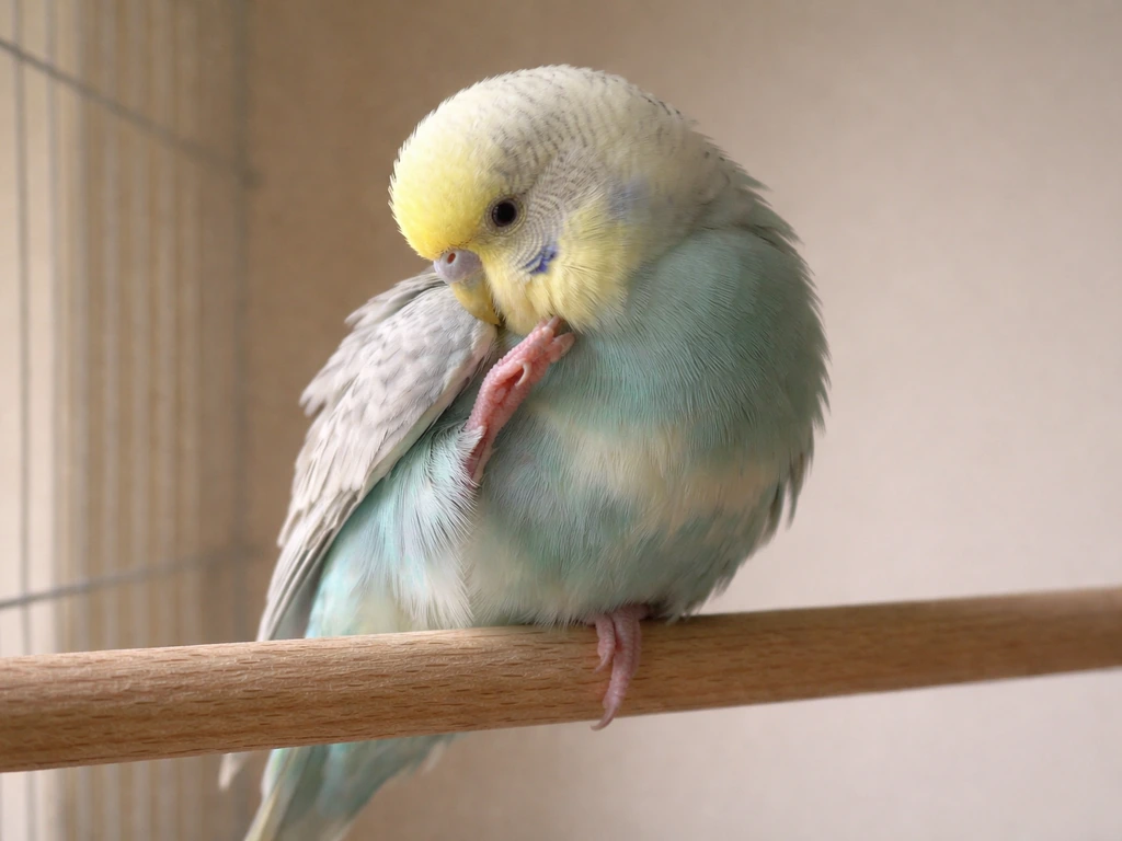 Small bird perched on a wooden dowel, lightly scratching and preening its feathers in clear view.