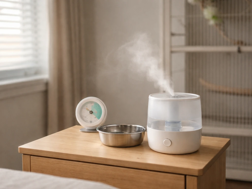Humidifier and water bowl in a bird-safe room, with a hygrometer indicating comfortable humidity
