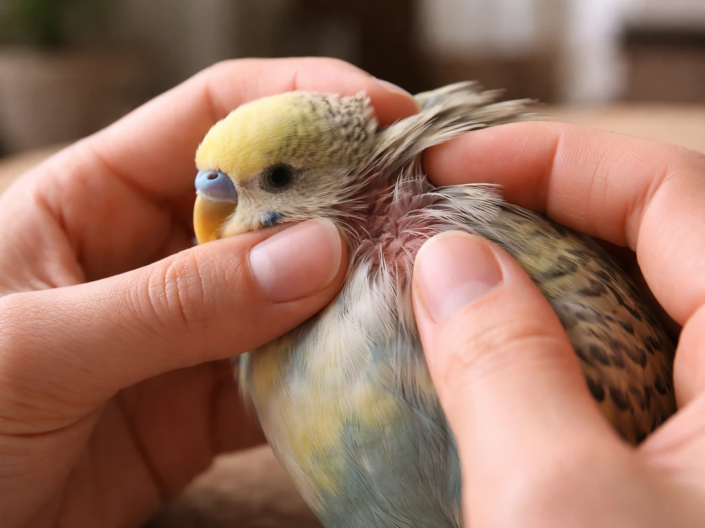 Hands gently part a bird’s neck feathers to check skin and pin feathers in a calm home setting.