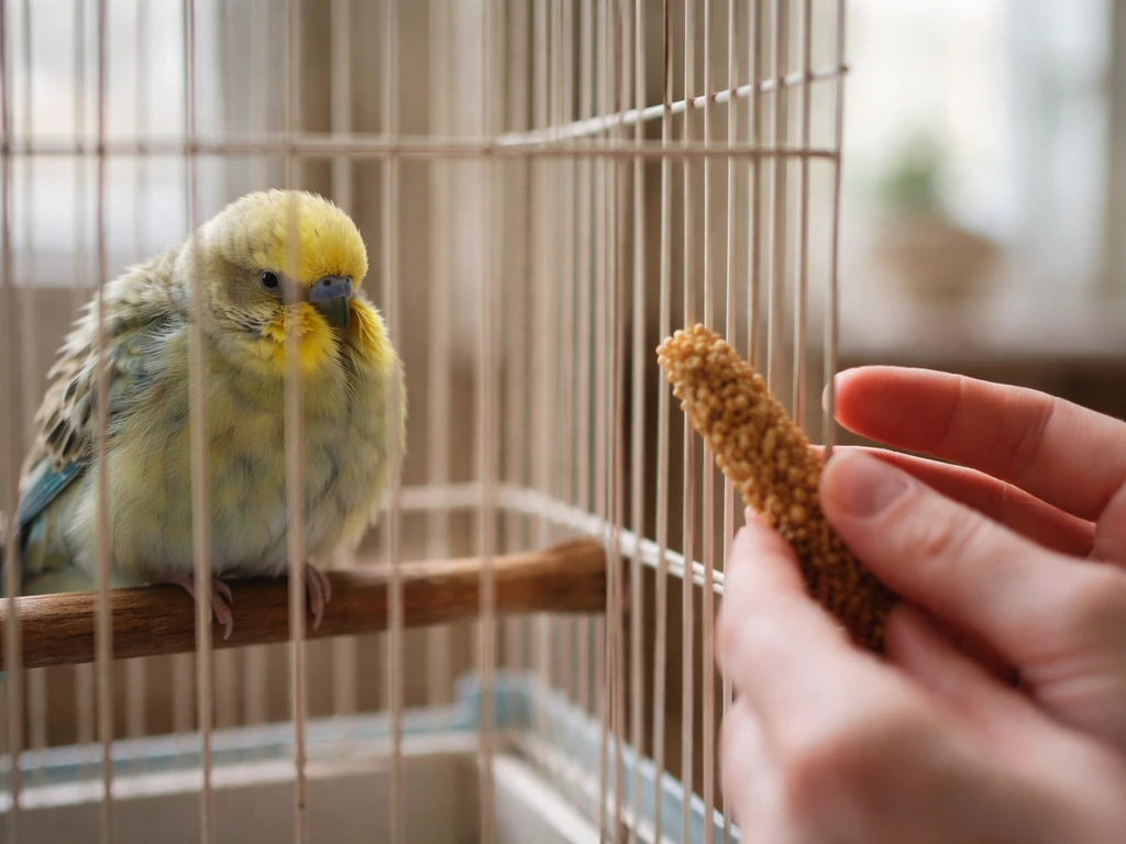 Fluffed pet bird with one half-closed eye inside a simple cage, with a worried owner’s hands nearby.