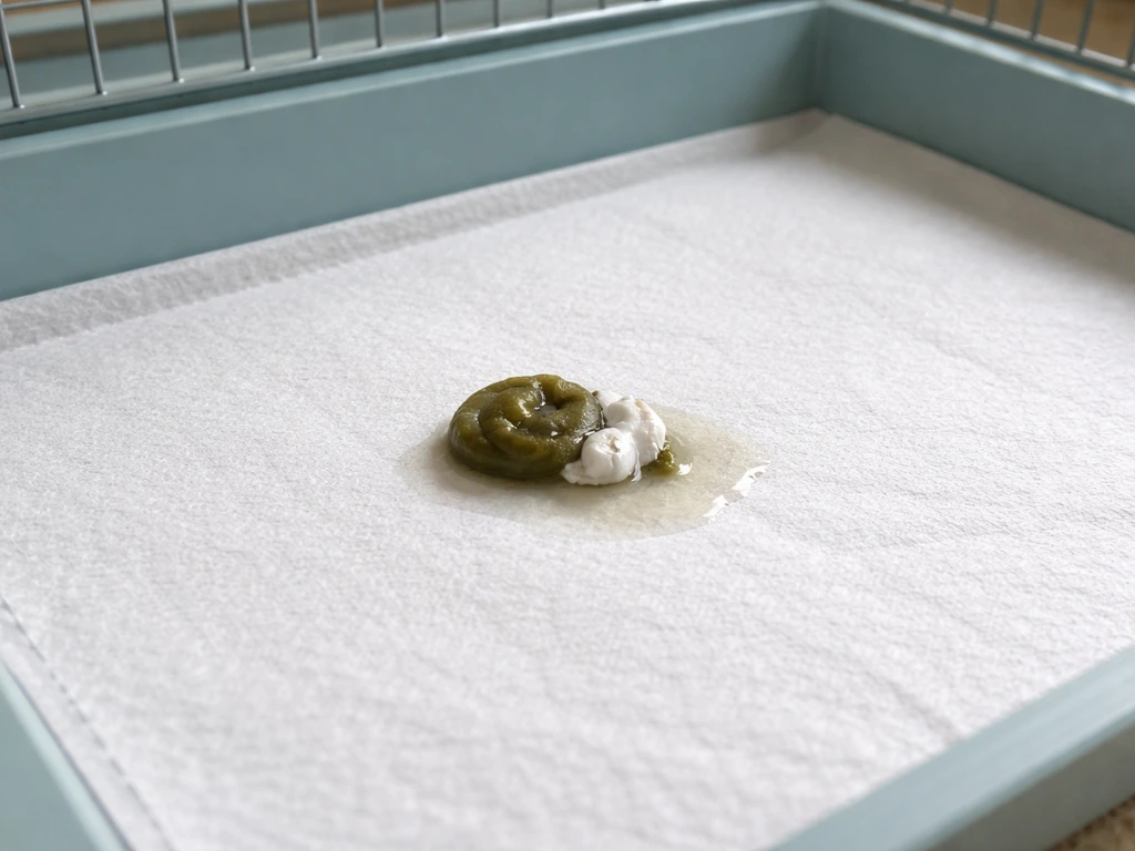 Close-up of bird droppings on a tray liner showing feces, white urates, and clear urine separation