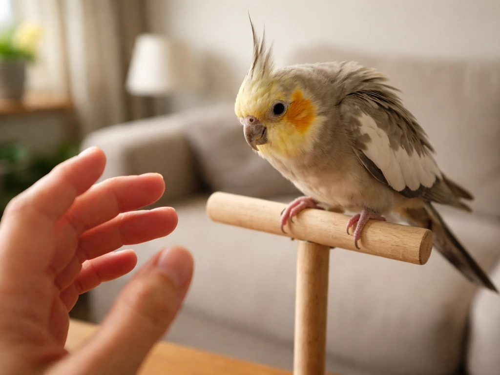 Pet bird perched in a home setting, tense posture and flared feathers suggesting possible biting.