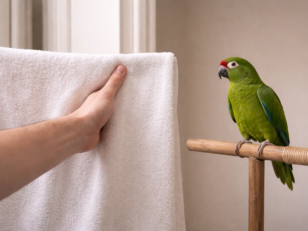Trainer using a towel barrier and perch to keep distance from a parrot near a hand