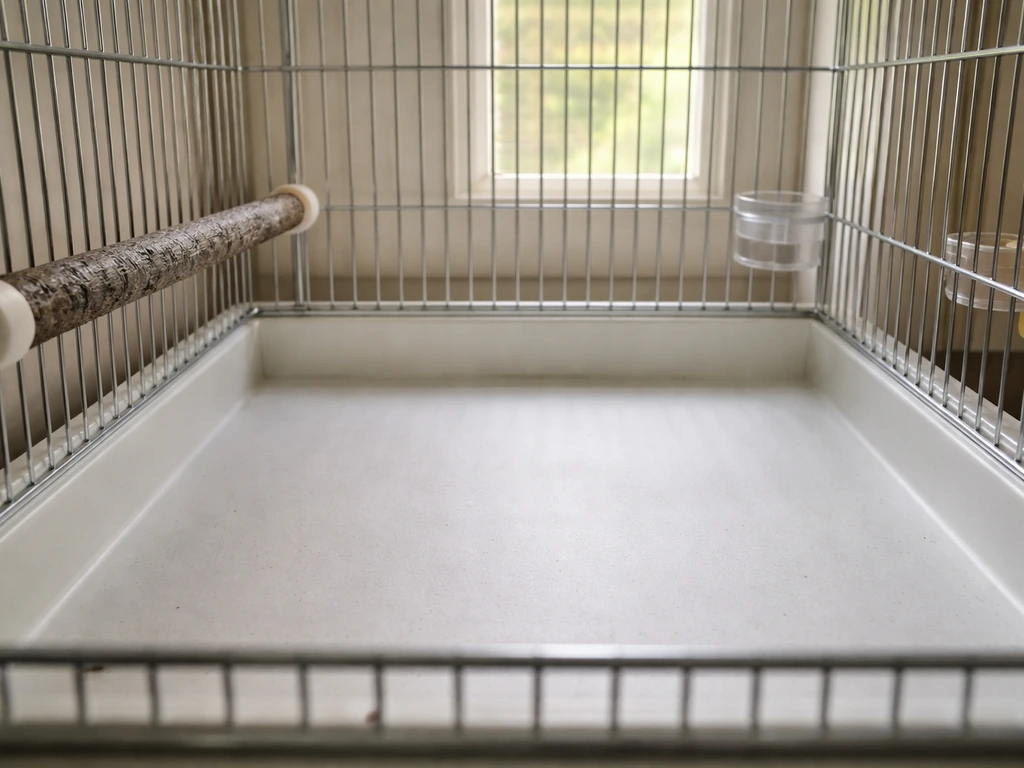 Bird cage interior with a removed nest-like setup, showing a clean, minimal bottom and no nesting materials