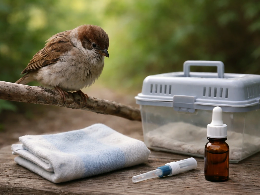 A small fluffed-feather bird on a branch with nearby simple bird first-aid items in daylight.