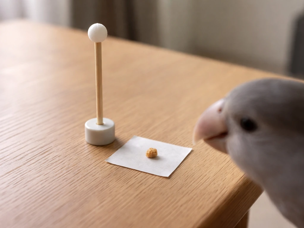Close-up of a small target stick and a treat beside it, suggesting bird beak touch training setup