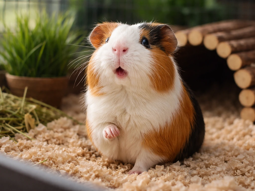 Curious guinea pig in a cozy habitat, appearing to chirp with bird-like whistles in natural light.
