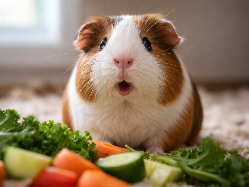 Close-up of a guinea pig front-facing at meal time with food visible, mouth open as if wheeking