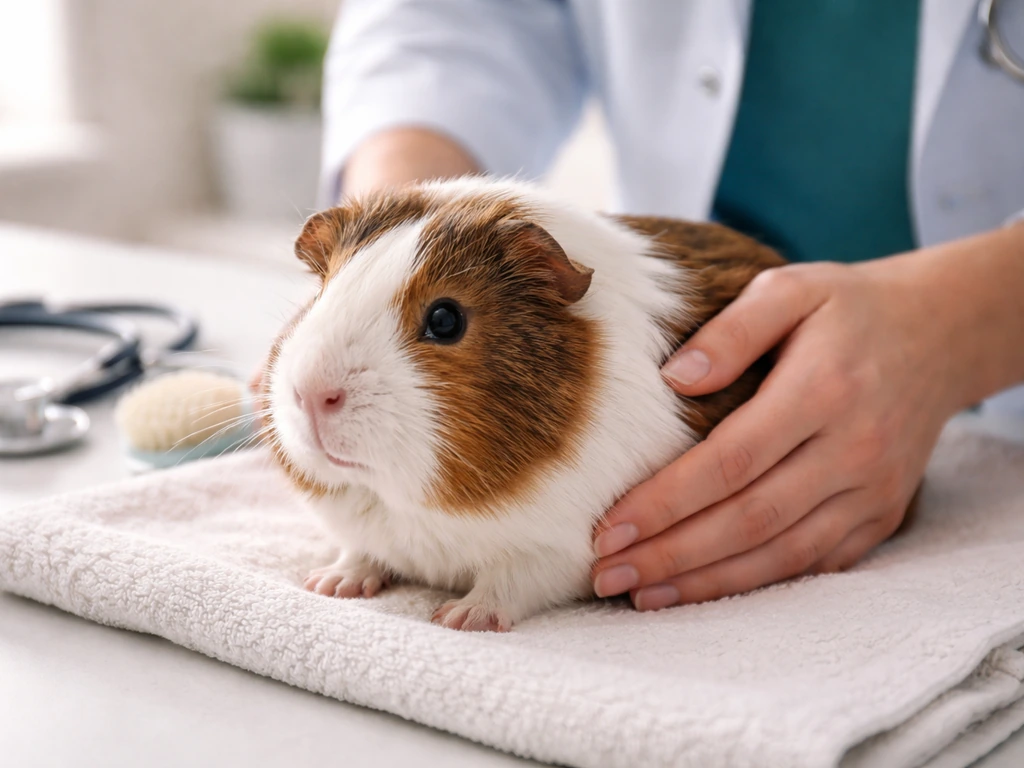 A gentle veterinary-style touch check on a guinea pig with vet tools nearby, suggesting pain discomfort