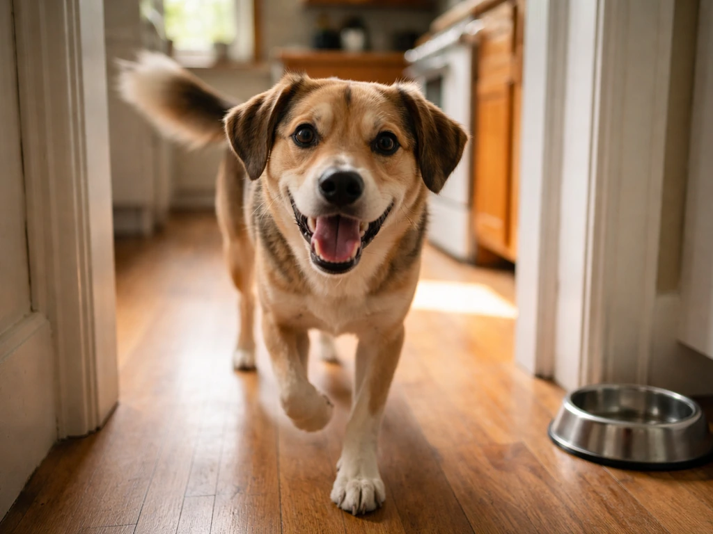 Minimal photo of a dog leaning in at a meal time, signaling excitement and anticipation