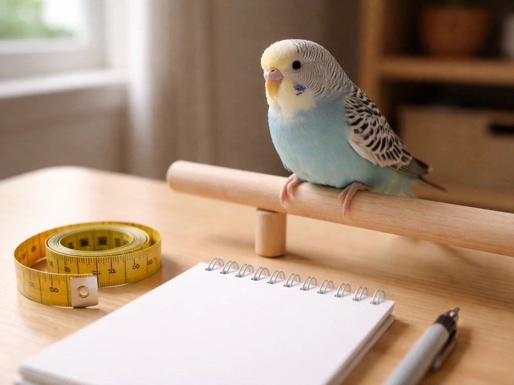 Small pet bird perched beside a tape measure and notepad, capturing at-home breed identification setup.