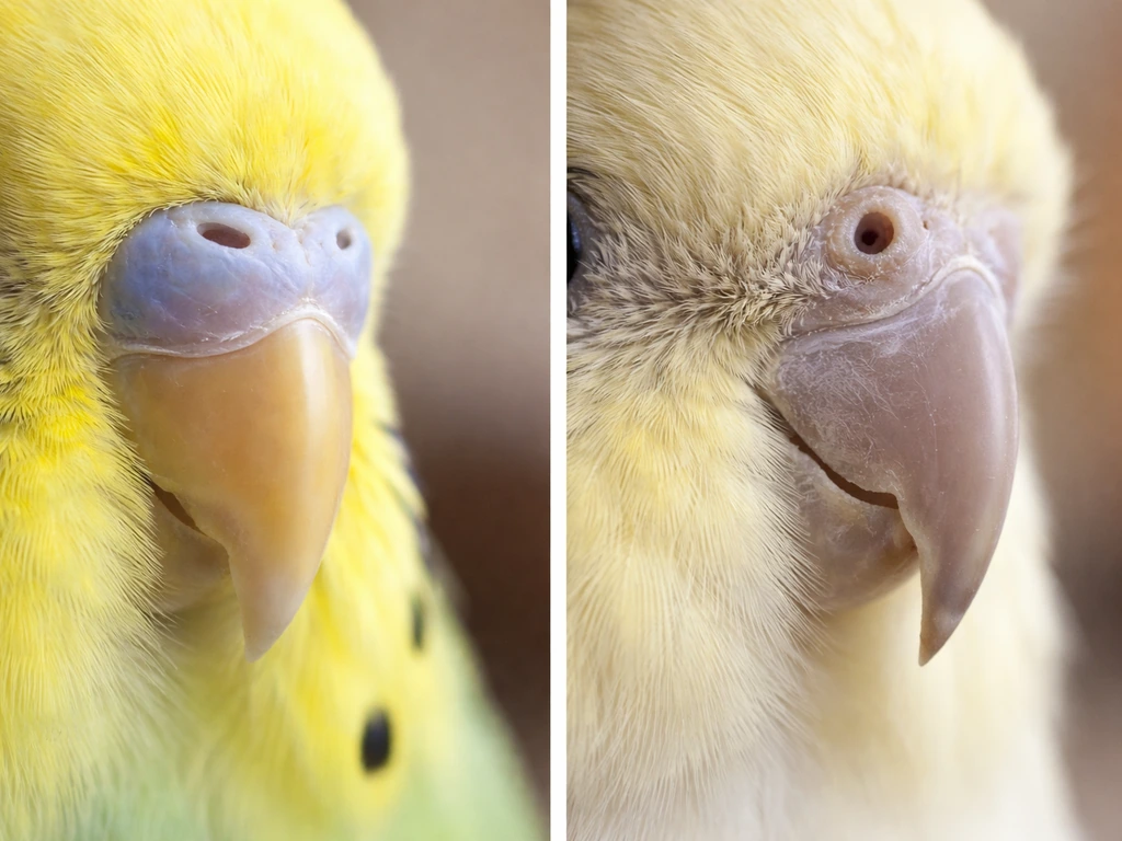 Close-up side-by-side beaks: rounded budgerigar beak vs more angular cockatiel-style beak