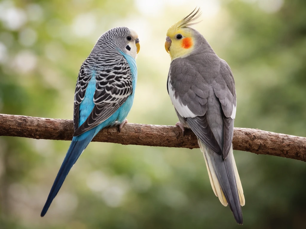 Budgerigar and cockatiel perched side-by-side, showing tapered vs graduated tail shapes clearly.